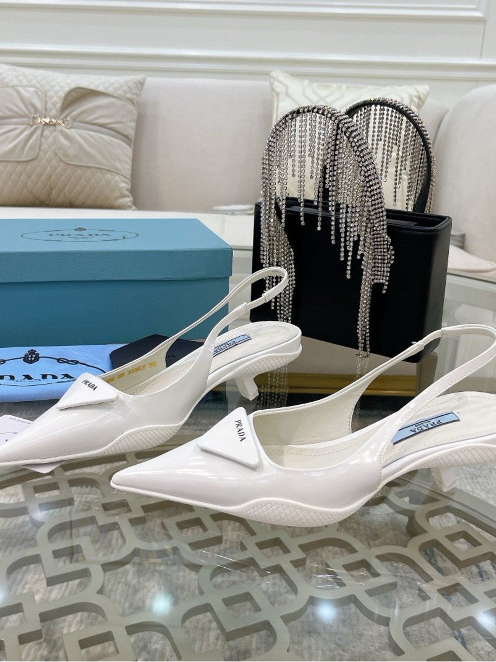 Prada White Patent Slingback Kitten Heel Pumps